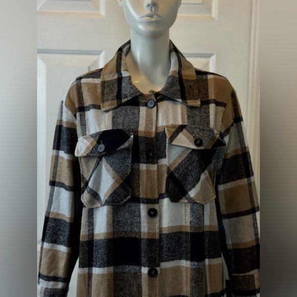 Warm Plaid Long Sleeve Flannel Dress Polyester Thick Material Brown Black Size L - Picture 8 of 16